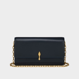Christian Louboutin blue leather clutch bag with gold chain strap and signature gold flame clasp closure