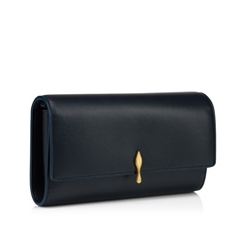 Christian Louboutin blue smooth leather clutch wallet with gold droplet clasp closure, structured rectangular silhouette