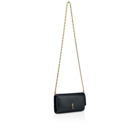 Christian Louboutin blue leather clutch bag with gold chain strap and gold pin-bar clasp detail, worn crossbody style