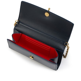 Christian Louboutin blue leather clutch bag, open view revealing red interior lining, gold chain strap and clasp detail