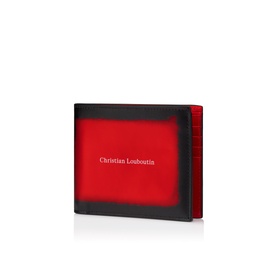 Christian Louboutin red and black leather bifold wallet with embossed brand name, visible card slots on side edge