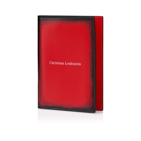 Christian Louboutin red leather passport holder with black edge detailing and embossed brand logo, bi-fold design