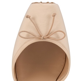 Christian Louboutin blush satin mule with delicate bow detail, square toe and elasticated topline, close-up top view