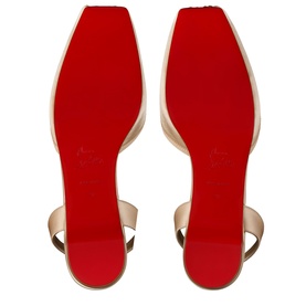 Christian Louboutin blush satin heeled sandals, sole-up view showing signature red lacquered outsoles and crossover ankle strap detail