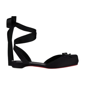 Christian Louboutin black suede ankle-wrap flat sandal with ribbon tie straps, silver buckle detail, and signature red sole