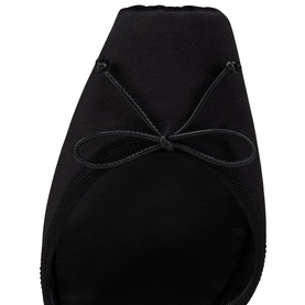 Christian Louboutin black fabric shoe with decorative bow tie detail at toe, close-up additional shot showing texture and styling