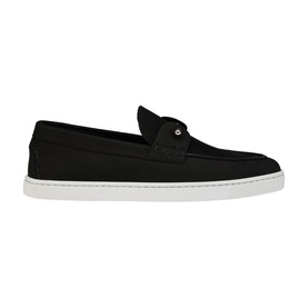 Christian Louboutin black suede loafer with knotted detail, white flatform sole, women's slip-on shoe