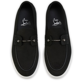 Christian Louboutin black suede loafers with silver horsebit detail, white sole and signature red insole, top-down view