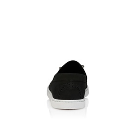 Christian Louboutin black slip-on sneaker, rear view showing elasticated back, black textile upper and white sole