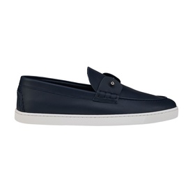 Christian Louboutin men's loafer in marine navy leather with penny strap detail and white rubber sole