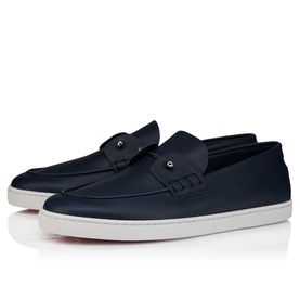 Christian Louboutin marine navy leather loafer trainers with gold stud detail, white sole, and slip-on silhouette