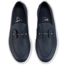 Christian Louboutin marine leather loafers with silver-tone hardware bar detail, white sole, top-down view