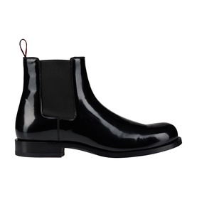 Christian Louboutin black patent leather Chelsea boot with elastic side panel, black sole, and signature red pull tab