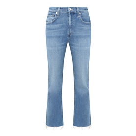 Citizens of Humanity Goldie Ankle Kick Flare Jeans in Calla, mid-blue denim with faded whiskering, raw hem, and five-pocket style