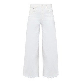 Citizens of Humanity Lyra High-Rise Cropped Wide Leg Jeans in Soft White, five-pocket style, frayed hem, wide-cut legs