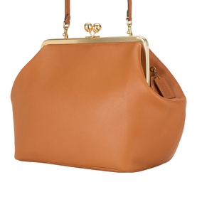 Coach Kisslock Large Frame Bag in Amber Brown leather with gold-tone kisslock closure and detachable shoulder strap