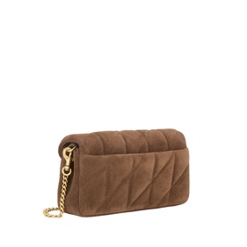 Coach Tabby 19 Quilted Suede Crossbody Bag in Dark Chocolate with gold-tone chain strap and quilted detailing, angled rear view