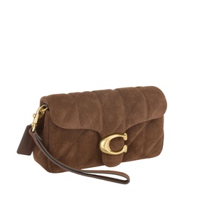 Coach Tabby 19 Quilted Suede Crossbody Bag in Dark Chocolate with gold-tone C-logo clasp and wrist strap