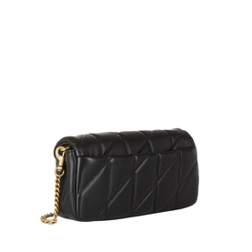Coach black quilted leather crossbody bag with gold-tone chain strap, diagonal stitch detail and flap closure, side angle view.