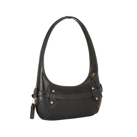 Coach black leather shoulder bag with gold-tone stud hardware and zip detail, single top handle loop strap