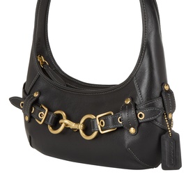 Coach black leather shoulder bag with gold-tone horsebit hardware, stud detailing, and single top handle strap.