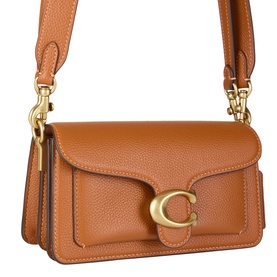 Coach Tabby 20 Shoulder Bag in amber pebbled leather, gold-tone C logo hardware, flap closure and detachable crossbody strap