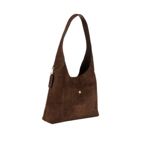 Coach dark chocolate suede shoulder bag with single top handle, gold-tone snap detail, and exterior zip pocket.