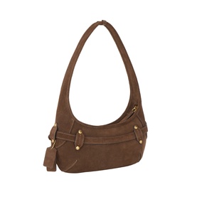 Coach dark chocolate leather shoulder bag with gold-tone hardware, single top handle, zip top closure, and front strap detailing with hanging tag