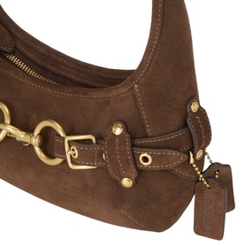 Coach dark chocolate suede shoulder bag, gold-tone hardware, ring detail, buckle strap, contrast stitching and branded charm tag