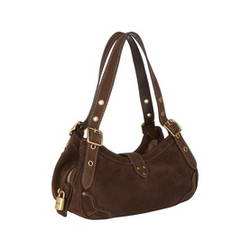Coach Dark Chocolate leather shoulder bag with gold-tone hardware, side zip detail, padlock charm, and double top handles