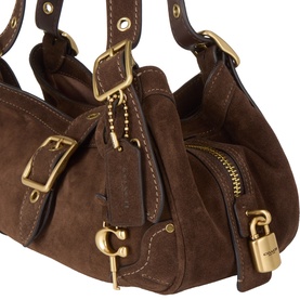 Coach Dark Chocolate suede shoulder bag, gold-tone hardware, padlock charm, zip side pocket and adjustable buckle straps