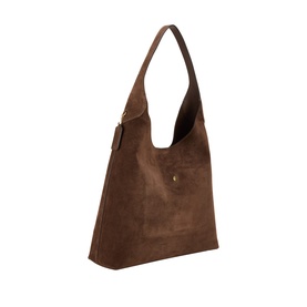 Chocolate brown suede hobo shoulder bag with single strap, gold-tone hardware, and snap fastening detail