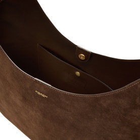 Dark brown suede crescent hobo bag, open interior view showing flat pocket and gold-tone press stud fastening