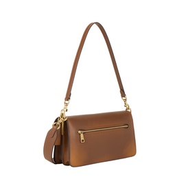 Coach dark brown leather shoulder bag with gold-tone zip pocket, adjustable single strap and gold hardware, rear view