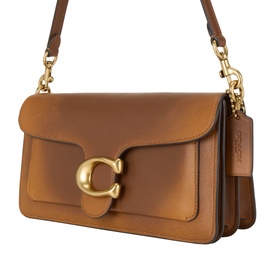 Coach dark brown leather shoulder bag with gold-tone C buckle closure, front zip pocket, and adjustable crossbody strap
