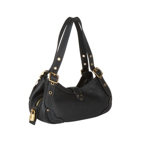 Coach black leather shoulder bag with gold-tone hardware, stud detailing, dual handles, and padlock charm accent