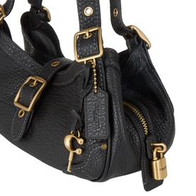 Coach black leather shoulder bag with gold-tone buckle hardware, zip side pocket, and padlock detail on pebbled leather