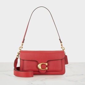 Coach Tabby Shoulder Bag in Poppy red leather with gold-tone C buckle clasp, adjustable crossbody strap, flap closure