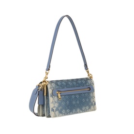 Coach Tabby 26 Denim Embellished Shoulder Bag in gradient denim with gold-tone hardware, zip rear pocket, and detachable shoulder strap