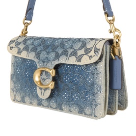 Coach Tabby 26 Denim Embellished Shoulder Bag in gradient denim with gold-tone C-logo hardware, crystal embellishments, and blue crossbody strap