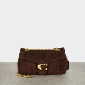 Coach dark chocolate suede shoulder bag with gold chain strap and signature gold C buckle clasp on quilted flap front
