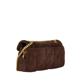 Coach dark chocolate suede quilted shoulder bag with gold chain strap, angled side view showing diamond quilting detail