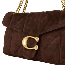 Coach dark chocolate suede quilted shoulder bag with gold-tone chain strap and signature C turnlock clasp closure.
