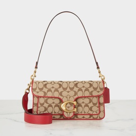 Coach Tabby Shoulder Bag in Poppy Signature jacquard with red leather trim, gold C-buckle clasp, and adjustable shoulder strap