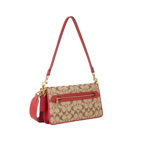 Coach shoulder bag in Poppy Signature, tan jacquard monogram with red leather trim, zip front pocket, gold-tone hardware, adjustable strap