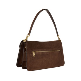 Dark brown suede shoulder bag with gold-tone zip pocket on reverse and single flat leather shoulder strap