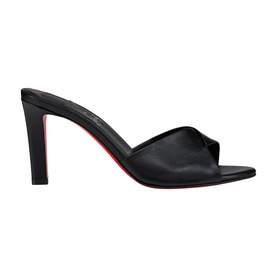 Christian Louboutin black leather slip-on mule heels with square toe, twisted strap detail, and signature red sole