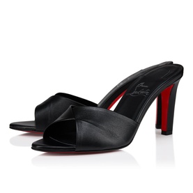 Christian Louboutin black leather cross-strap mule heels with block heel and signature red sole, no model.
