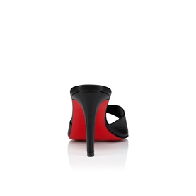 Christian Louboutin mule in black leather, featuring a slim stiletto heel with signature red sole, rear view
