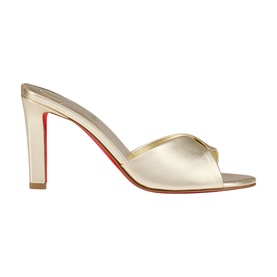 Christian Louboutin mule in platine satin with gold trim, open toe, block heel, and signature red sole